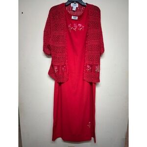 Teddi Womens XL Red 2pc Dress Set Crochet Cardigan Floral Embroidered Modest